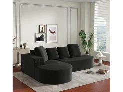 Sofá modular com chaise longue em L, assento profundo, estofamento em espuma comprimida, preto