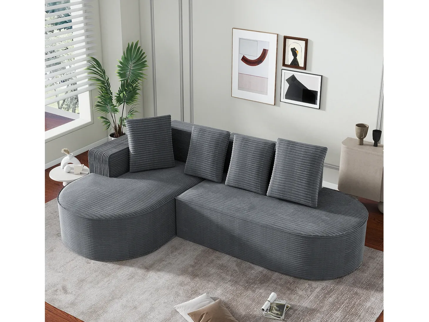 Sofá modular com chaise longue em L, assento profundo, estofamento em espuma comprimida, cor cinza.