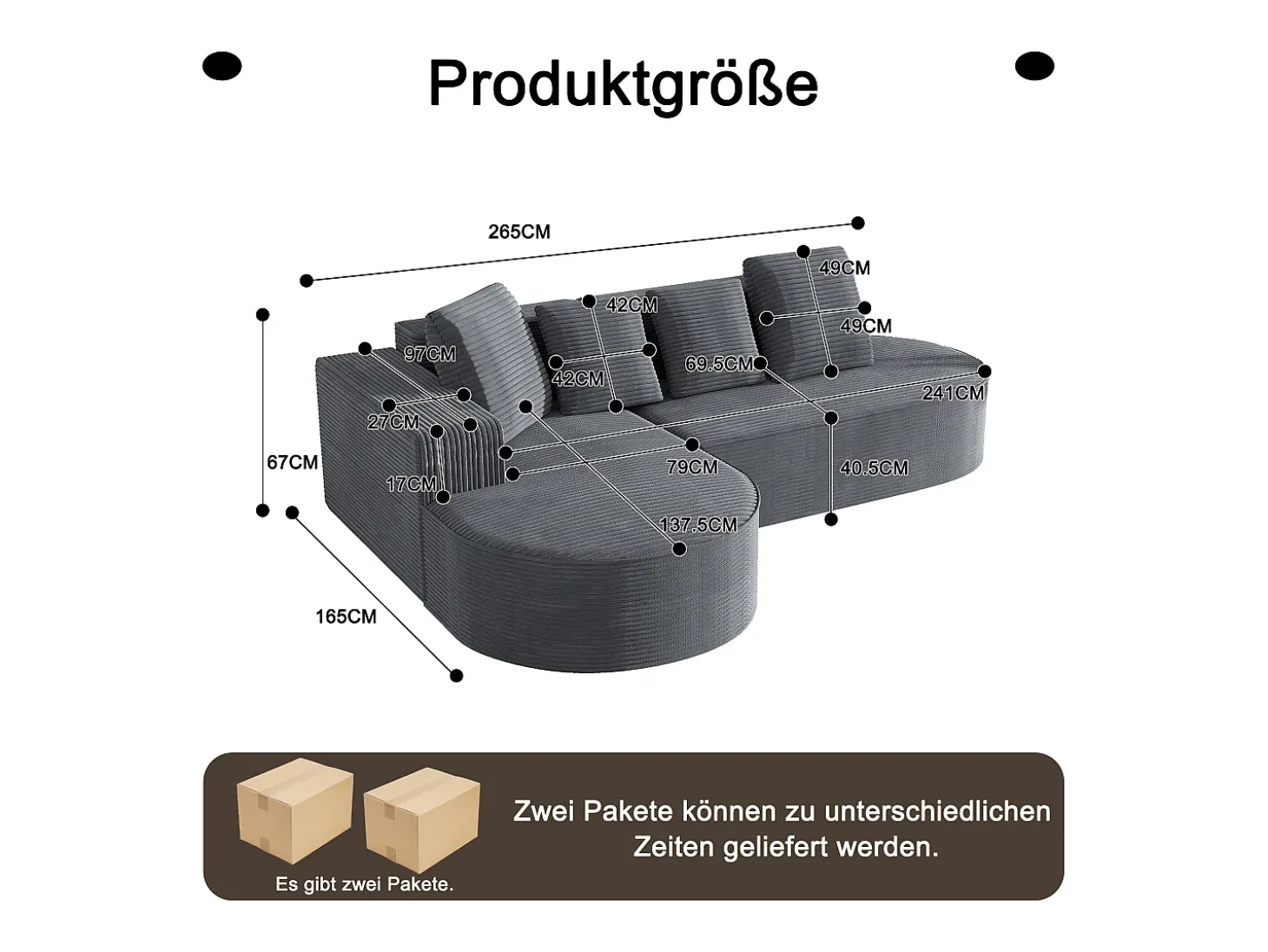 Sofá modular com chaise longue em L, assento profundo, estofamento em espuma comprimida, cor cinza.