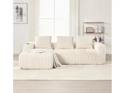 Sofá modular compacto em veludo cotelê com bolsos laterais e almofadas bege.