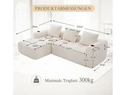 Sofá modular compacto em veludo cotelê com bolsos laterais e almofadas bege.