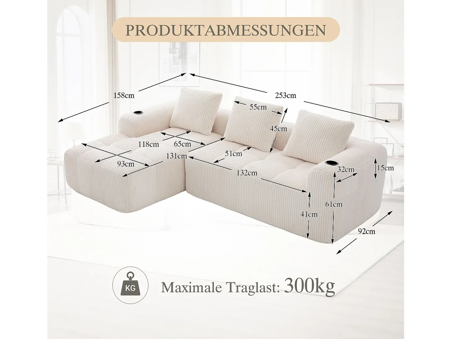 Sofá modular compacto em veludo cotelê com bolsos laterais e almofadas bege.
