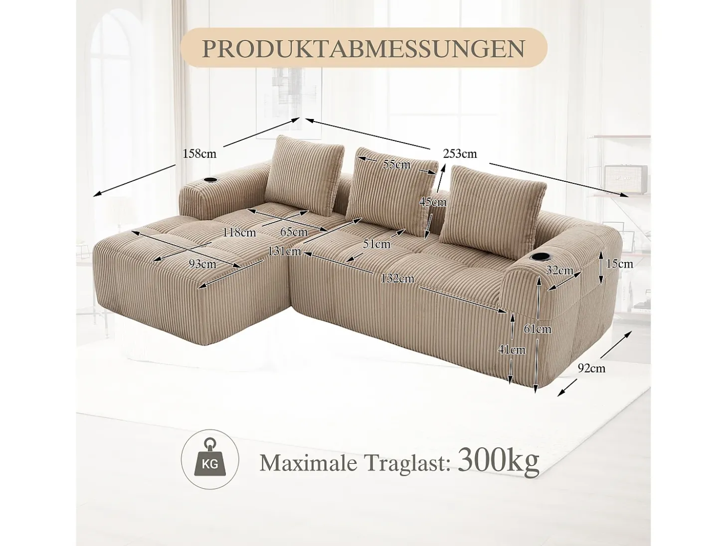 Sofá modular compacto em veludo cotelê com bolsos laterais e almofadas em cáqui - Design moderno e prático para o seu interior.
