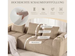 Sofá modular compacto em veludo cotelê com bolsos laterais e almofadas em cáqui - Design moderno e prático para o seu interior.