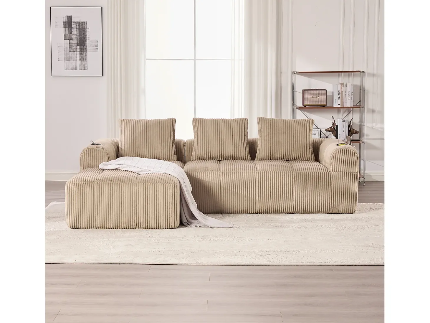 Sofá modular compacto em veludo cotelê com bolsos laterais e almofadas em cáqui - Design moderno e prático para o seu interior.