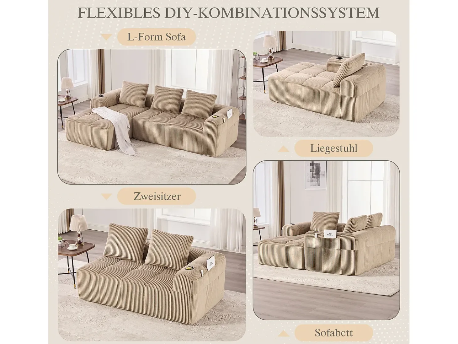 Sofá modular compacto em veludo cotelê com bolsos laterais e almofadas em cáqui - Design moderno e prático para o seu interior.