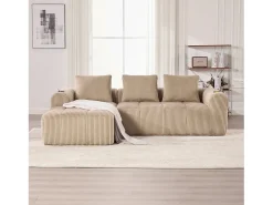 Sofá modular compacto em veludo cotelê com bolsos laterais e almofadas, cor cáqui.