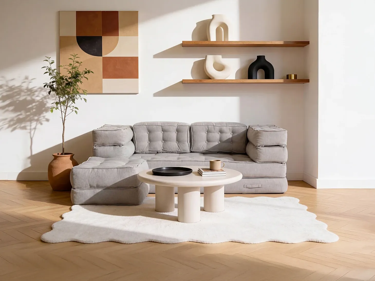 Sofá modular conversível em tecido de cor cinzenta DILAKO