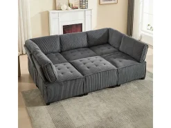 Sofá modular conversível em veludo cinza - 6 lugares - ergonômico - com bolsos de armazenamento - 308x154x82cm