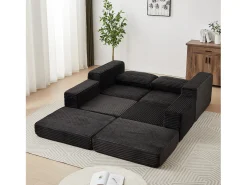 Sofá modular convertível de 2 lugares com pufes amovíveis - Veludo cotelê preto