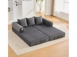 Sofá modular convertível de 3 lugares com 3 almofadas e bolso lateral - Veludo cotelê cinzento escuro