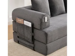 Sofá modular convertível de 3 lugares com 3 almofadas e bolso lateral - Veludo cotelê cinzento escuro