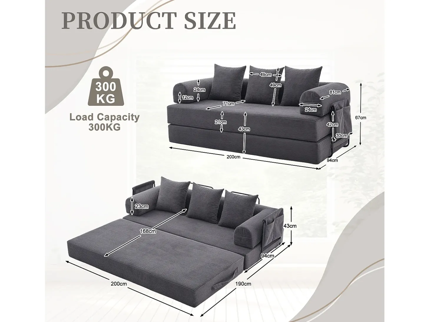 Sofá modular convertível de 3 lugares com 3 almofadas e bolso lateral - Veludo cotelê cinzento escuro