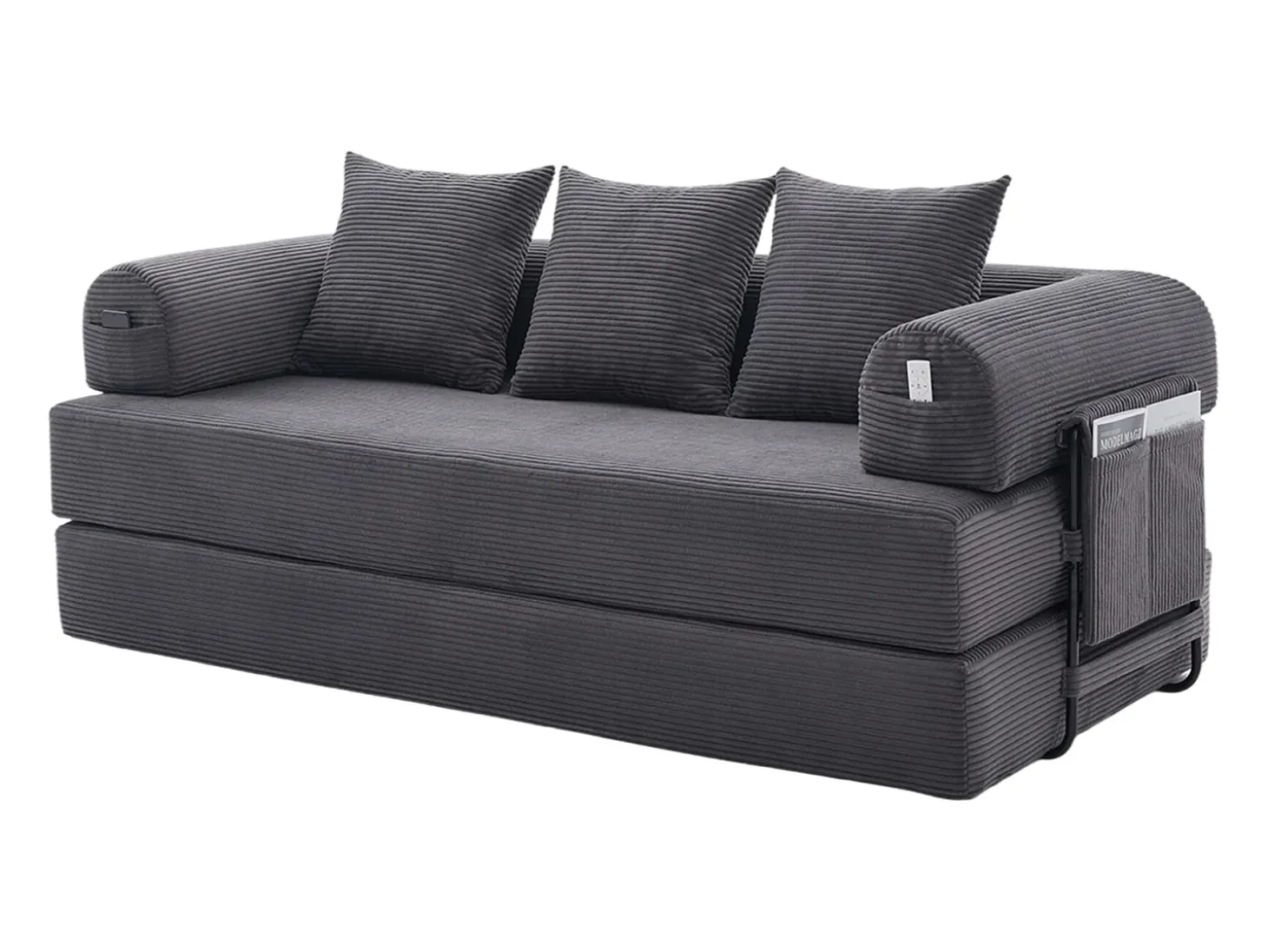 Sofá modular convertível de 3 lugares com 3 almofadas e bolso lateral - Veludo cotelê cinzento escuro