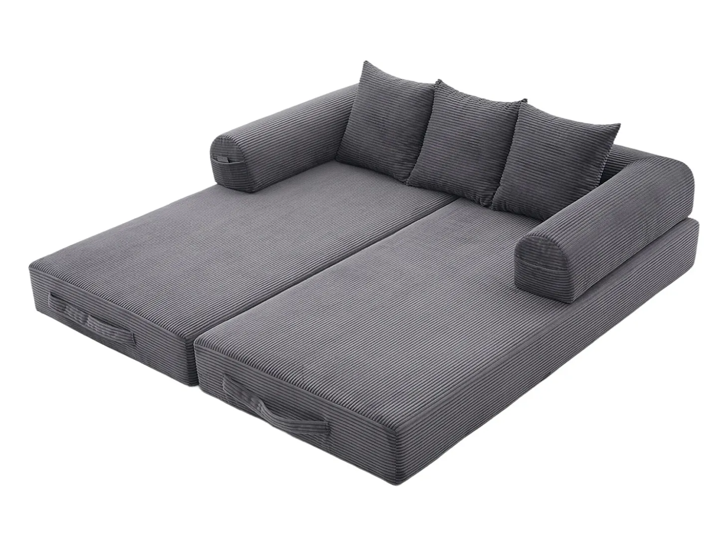 Sofá modular convertível de 3 lugares com 3 almofadas e bolso lateral - Veludo cotelê cinzento escuro