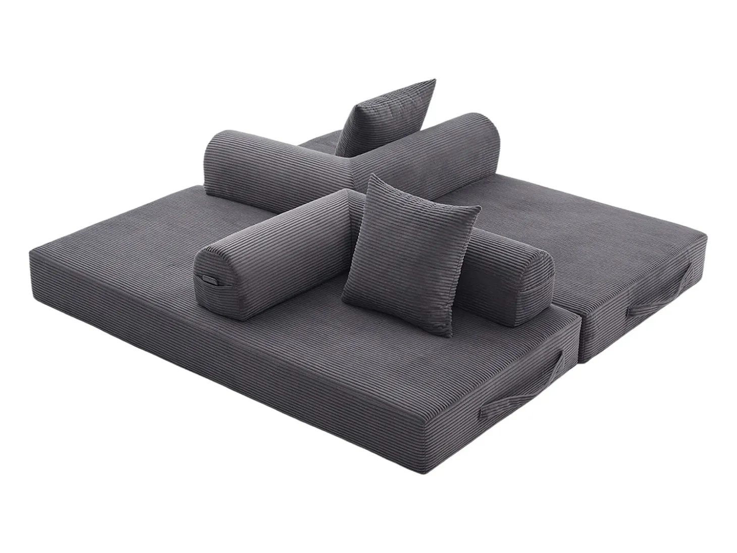 Sofá modular convertível de 3 lugares com 3 almofadas e bolso lateral - Veludo cotelê cinzento escuro