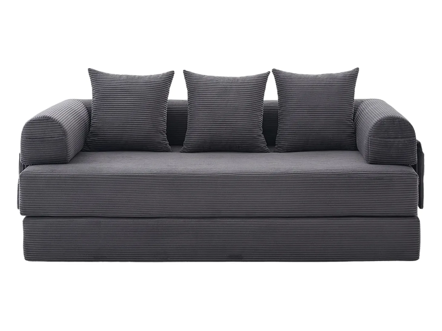 Sofá modular convertível de 3 lugares com 3 almofadas e bolso lateral - Veludo cotelê cinzento escuro