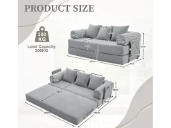 Sofá modular convertível de 3 lugares com 3 almofadas e bolso lateral - Veludo cotelê cinza claro