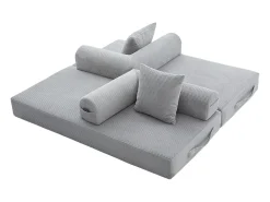 Sofá modular convertível de 3 lugares com 3 almofadas e bolso lateral - Veludo cotelê cinza claro