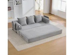 Sofá modular convertível de 3 lugares com 3 almofadas e bolso lateral - Veludo cotelê cinza claro
