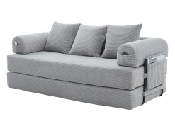 Sofá modular convertível de 3 lugares com 3 almofadas e bolso lateral - Veludo cotelê cinza claro