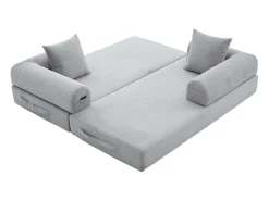 Sofá modular convertível de 3 lugares com 3 almofadas e bolso lateral - Veludo cotelê cinza claro