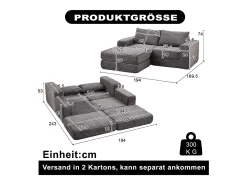 Sofá modular convertível de 2 lugares com pufes amovíveis - Veludo cotelê cinzento