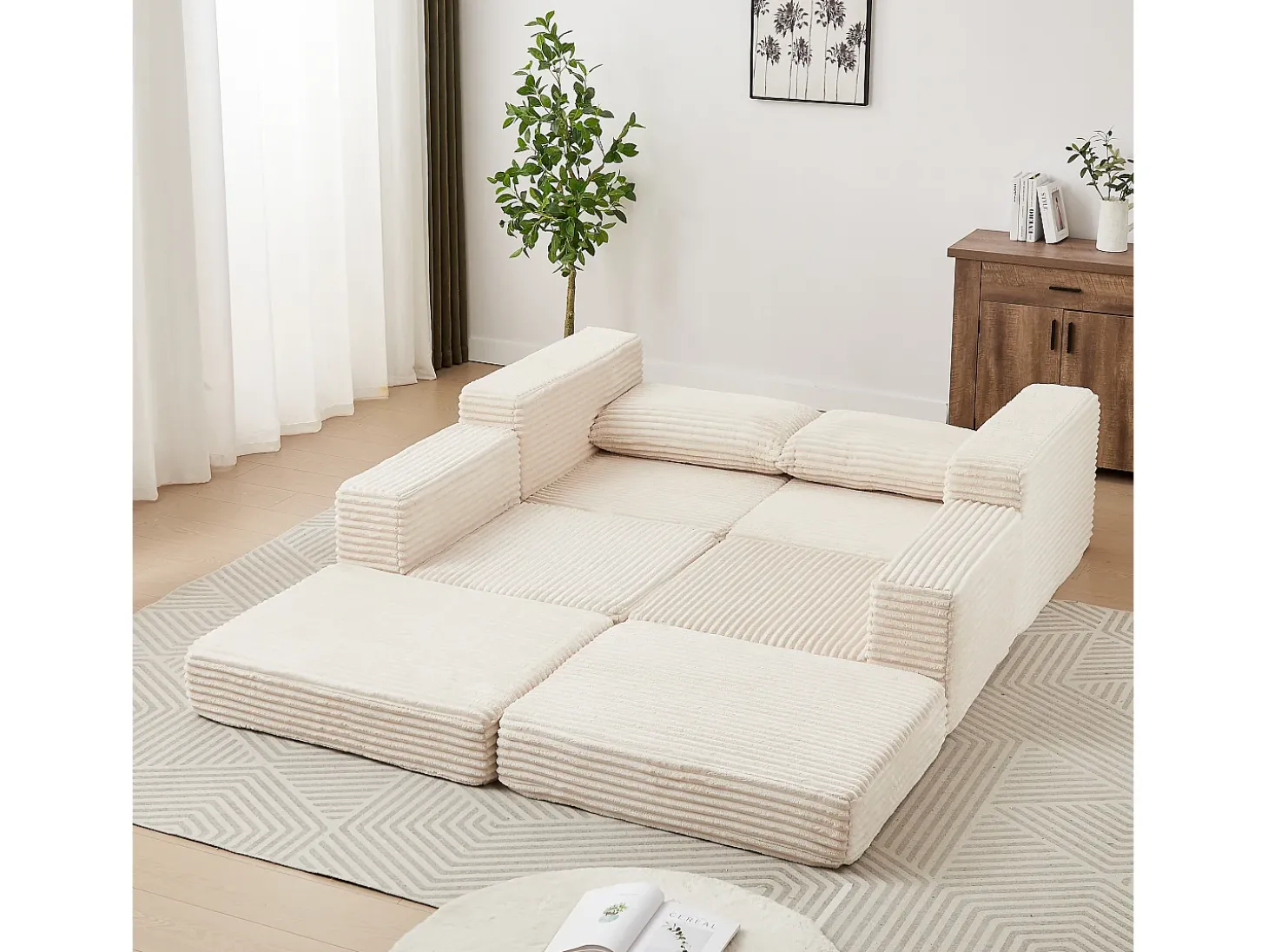 Sofá modular convertível de 2 lugares com pufes amovíveis - Veludo cotelê bege