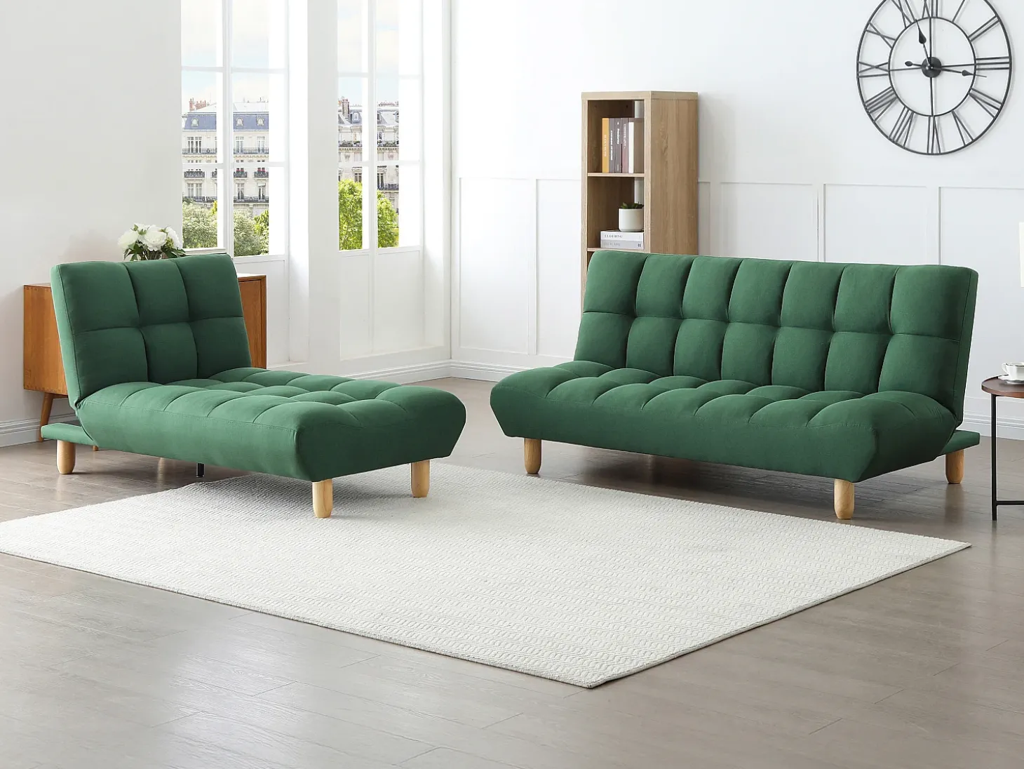 Sofá modular convertível em tecido verde ESTEBAN
