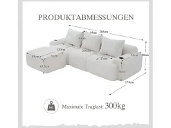 Sofá modular de 3 lugares - 268 x 174 x 80 cm - com 1 pufe + porta-copos + bolso de arrumação - veludo - bege