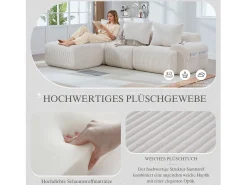 Sofá modular de 3 lugares - 268 x 174 x 80 cm - com 1 pufe + porta-copos + bolso de arrumação - veludo - bege