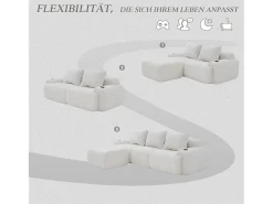 Sofá modular de 3 lugares - 268 x 174 x 80 cm - com 1 pufe + porta-copos + bolso de arrumação - veludo - bege