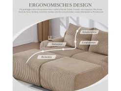 Sofá modular de 2 lugares - 200 x 174 x 80 cm - com 2 pufes + porta-copos + compartimento de arrumação - veludo - cáqui