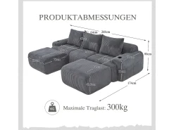 Sofá modular de 3 lugares - 268 x 174 x 80 cm - com 2 pufes + porta-copos + compartimento de arrumação - veludo - cinza escuro