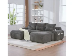 Sofá modular de 3 lugares - 268 x 174 x 80 cm - com 2 pufes + porta-copos + compartimento de arrumação - veludo - cinza escuro