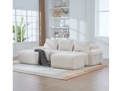 Sofá modular de 3 lugares - 268 x 174 x 80 cm - com 2 pufes + porta-copos + compartimento de arrumação - veludo - bege