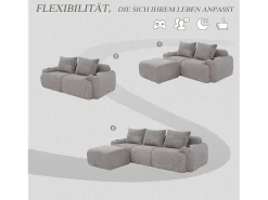 Sofá modular de 3 lugares - 268 x 174 x 80 cm - com 1 pufe + porta-copos + bolso de arrumação - veludo - cinza claro