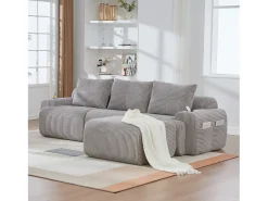 Sofá modular de 3 lugares - 268 x 174 x 80 cm - com 1 pufe + porta-copos + bolso de arrumação - veludo - cinza claro