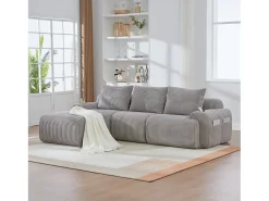 Sofá modular de 3 lugares - 268 x 174 x 80 cm - com 1 pufe + porta-copos + bolso de arrumação - veludo - cinza claro