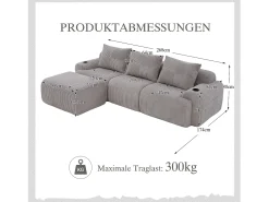 Sofá modular de 3 lugares - 268 x 174 x 80 cm - com 1 pufe + porta-copos + bolso de arrumação - veludo - cinza claro