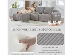 Sofá modular de 3 lugares - 268 x 174 x 80 cm - com 1 pufe + porta-copos + bolso de arrumação - veludo - cinza claro