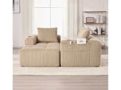 Sofá modular de 4 lugares - 253 x 158 x 61 cm - com bolso lateral + porta-copos + 3 almofadas - veludo - cáqui
