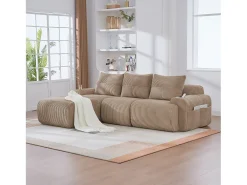 Sofá modular de 3 lugares - 268 x 174 x 80 cm - com 1 pufe + porta-copos + bolso de arrumação - veludo - cáqui