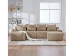 Sofá modular de 4 lugares - 333 x 174 x 80 cm - com 2 pufes + porta-copos + compartimento de arrumação - veludo - cáqui