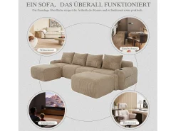 Sofá modular de 4 lugares - 333 x 174 x 80 cm - com 2 pufes + porta-copos + compartimento de arrumação - veludo - cáqui