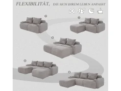 Sofá modular de 3 lugares - 268 x 174 x 80 cm - com 2 pufes + porta-copos + compartimento de arrumação - veludo - cinza claro