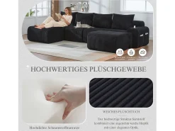 Sofá modular de 4 lugares - 333 x 174 x 80 cm - com 2 pufes + porta-copos + compartimento de arrumação - veludo - preto