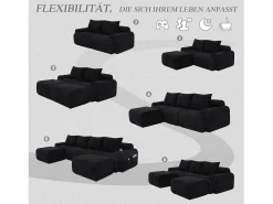 Sofá modular de 4 lugares - 333 x 174 x 80 cm - com 2 pufes + porta-copos + compartimento de arrumação - veludo - preto