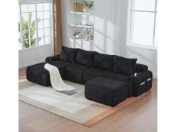 Sofá modular de 4 lugares - 333 x 174 x 80 cm - com 2 pufes + porta-copos + compartimento de arrumação - veludo - preto