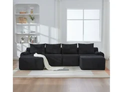 Sofá modular de 4 lugares - 333 x 174 x 80 cm - com 2 pufes + porta-copos + compartimento de arrumação - veludo - preto